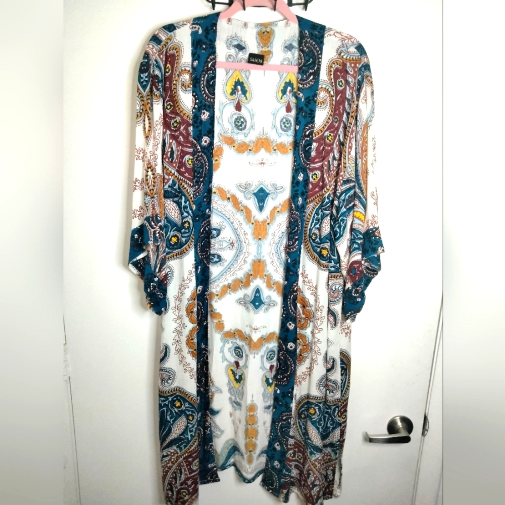 SAACHI (Size L/XL) Multicolor Regal Medallion Kimono Sleeve Open Duster Cardigan